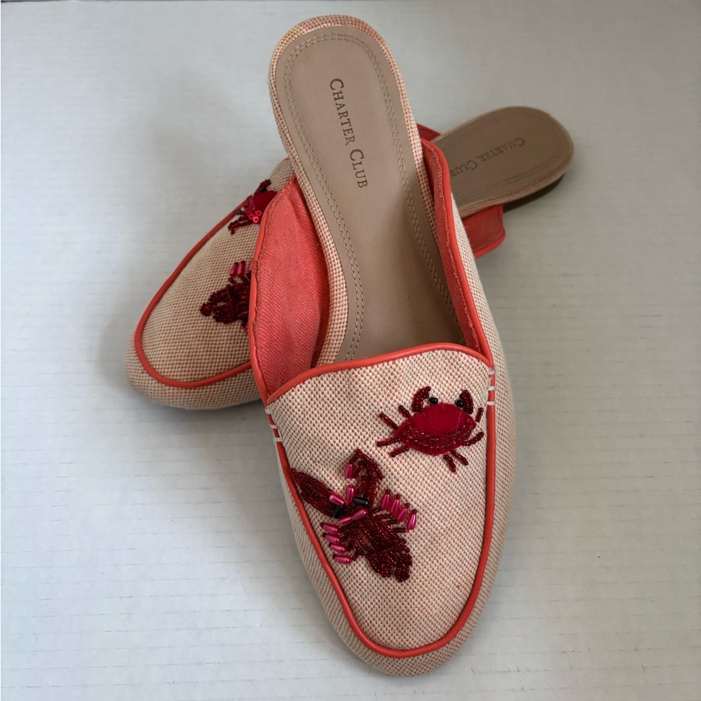 Charter Club Women’s Marshel Fabric Lobster Crab Embroiled Mules US 10
